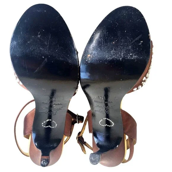 Betsey Johnson Cristie Platform Heels 7 Strappy Rhinestone Brown Gold Open Toe - Picture 8 of 13